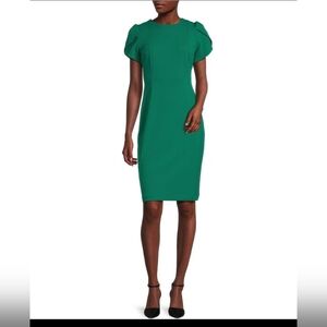 NWT Calvin Klein Size 2P Puff Sleeve Sheath Dress Meadow Green Knee Length